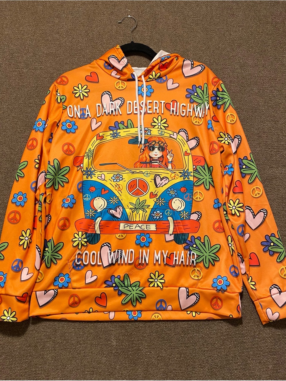 Groovy RetroOrange Hippie Bus Hoodie Hotel California Lyric Sweatshirt Size S